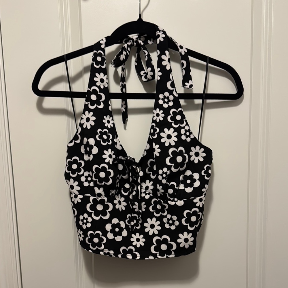Modern Hollister Floral Halter Top - Black and White